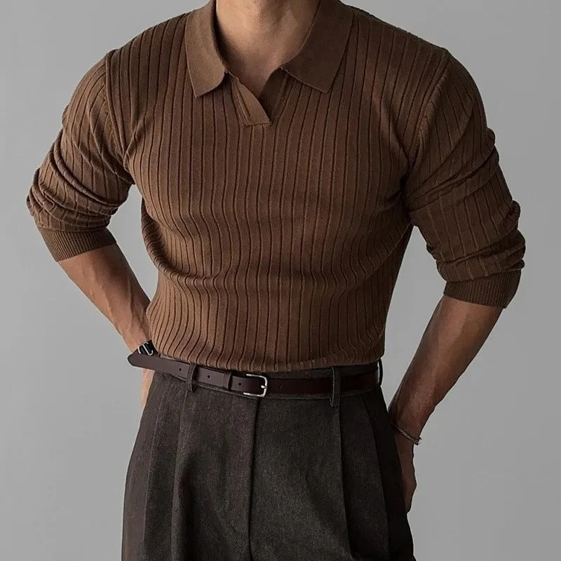 Polo homme manches longues Marron