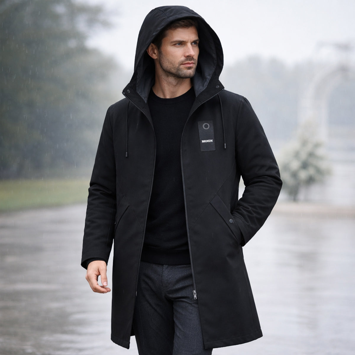 Veste imperméable longue à capuche homme, coloris noir