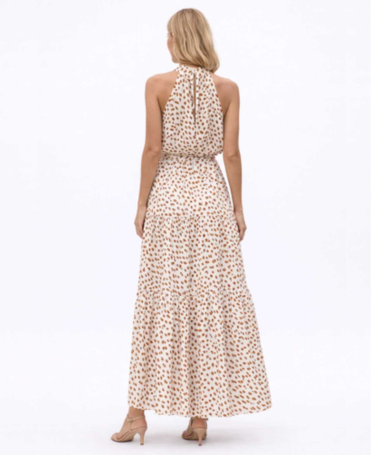 Robe Longue Imprimée Femme – Col Halter & Ceinture Marquée, Fluide & Estivale | Maxi Robe Été