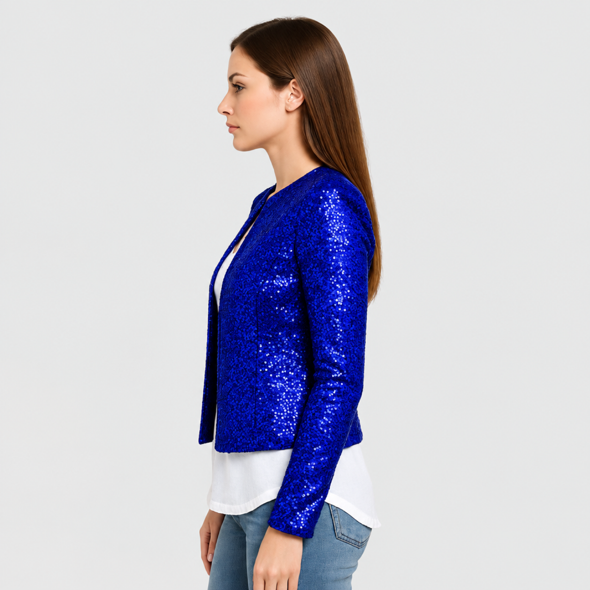 Veste courte à paillettes bleu nuit, vue de profil