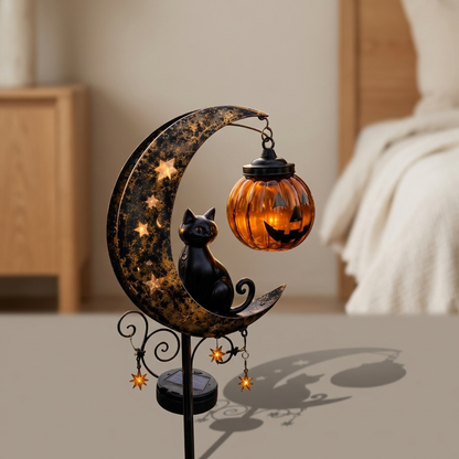 Piquet de jardin citrouille et lune Halloween, vue de face