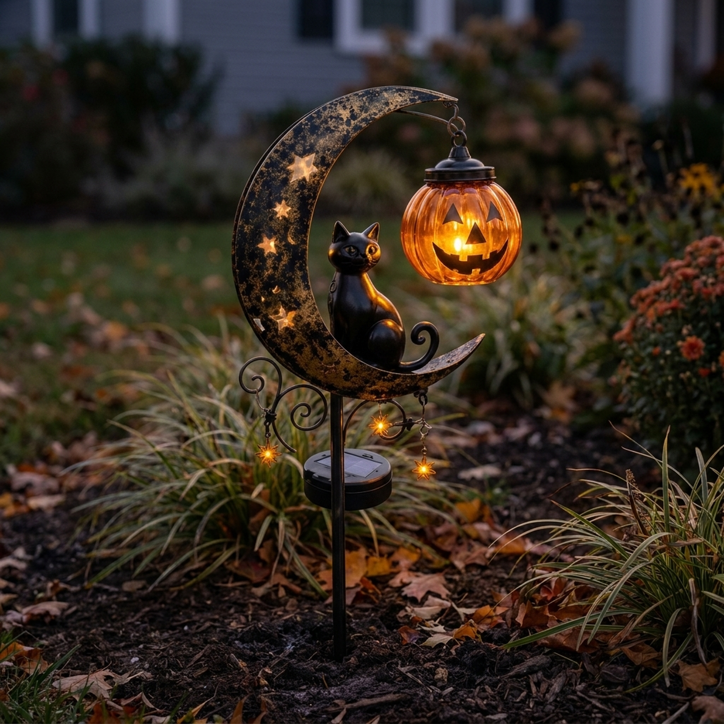 Piquet de jardin citrouille et lune Halloween, installé dans le jardin