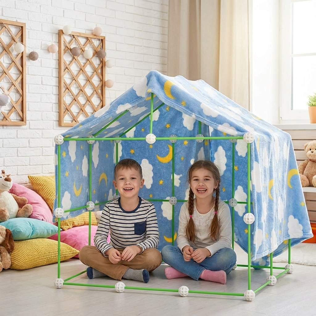 Enfants heureux jouant dans une cabane-tente douillette recouverte d'une couverture étoilée, structure colorée visible