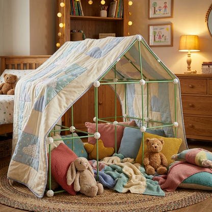 Cabane entièrement recouverte d'une couverture étoilée dans une chambre d'enfant douillette