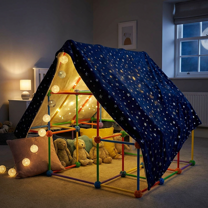 Cabane-tente illuminée chaleureusement la nuit grâce à une guirlande lumineuse