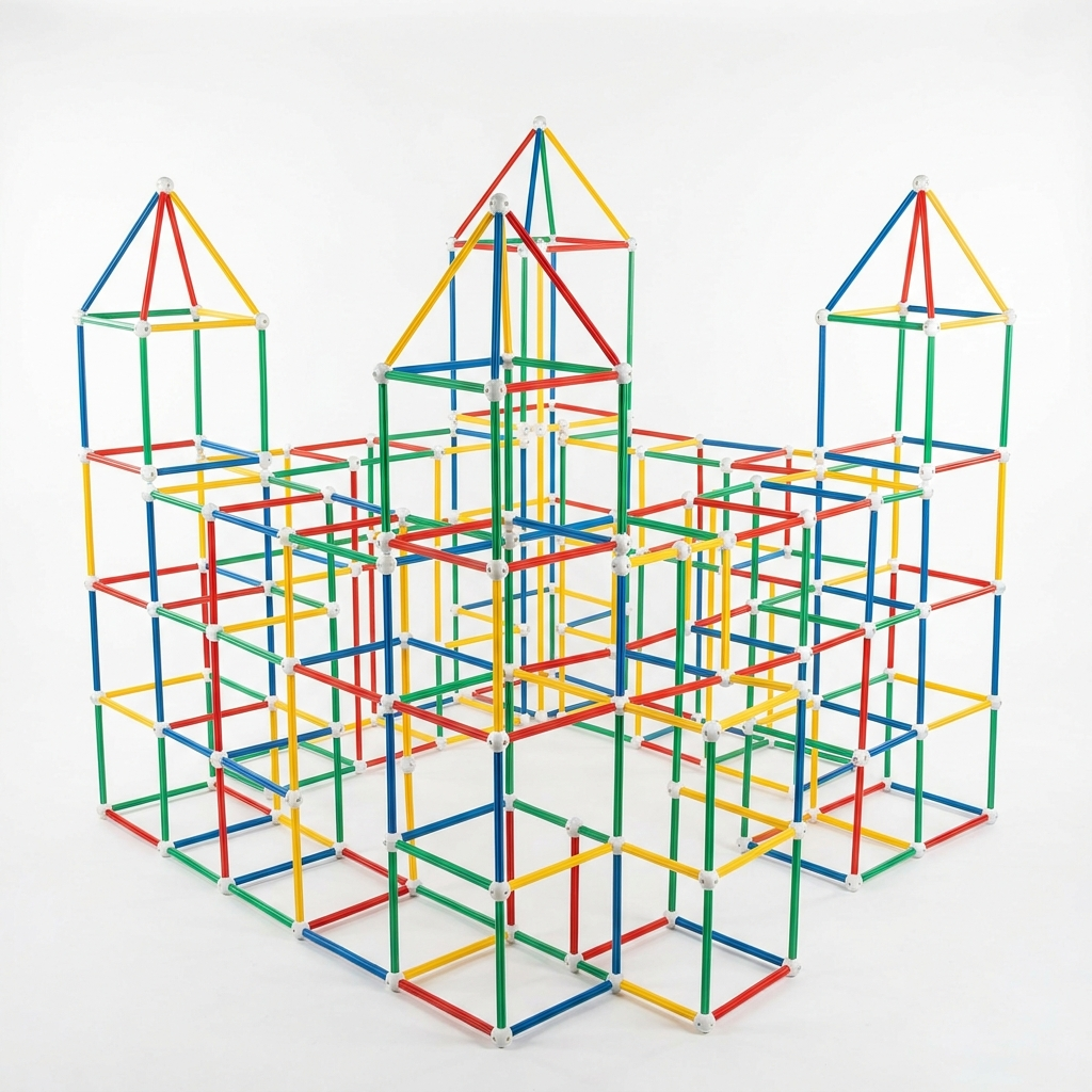 Grande structure de château construite avec les tiges et connecteurs colorés