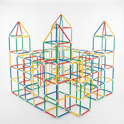 Grande structure de château construite avec les tiges et connecteurs colorés