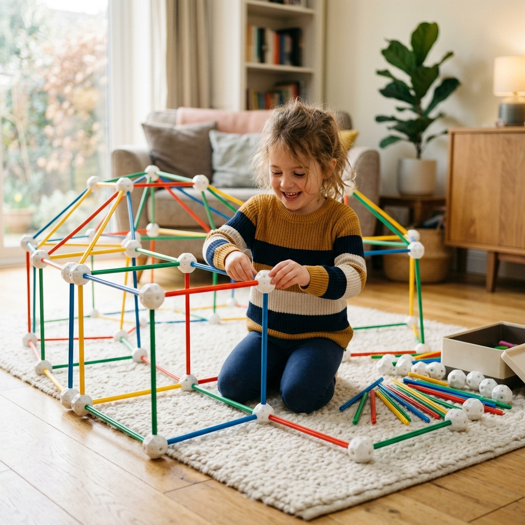 Enfant assemblant les tiges et connecteurs pour construire une cabane