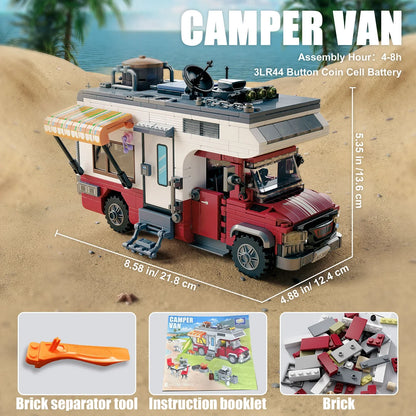 Camping-car en briques de construction avec dimensions, outil de séparation, livret et briques inclus