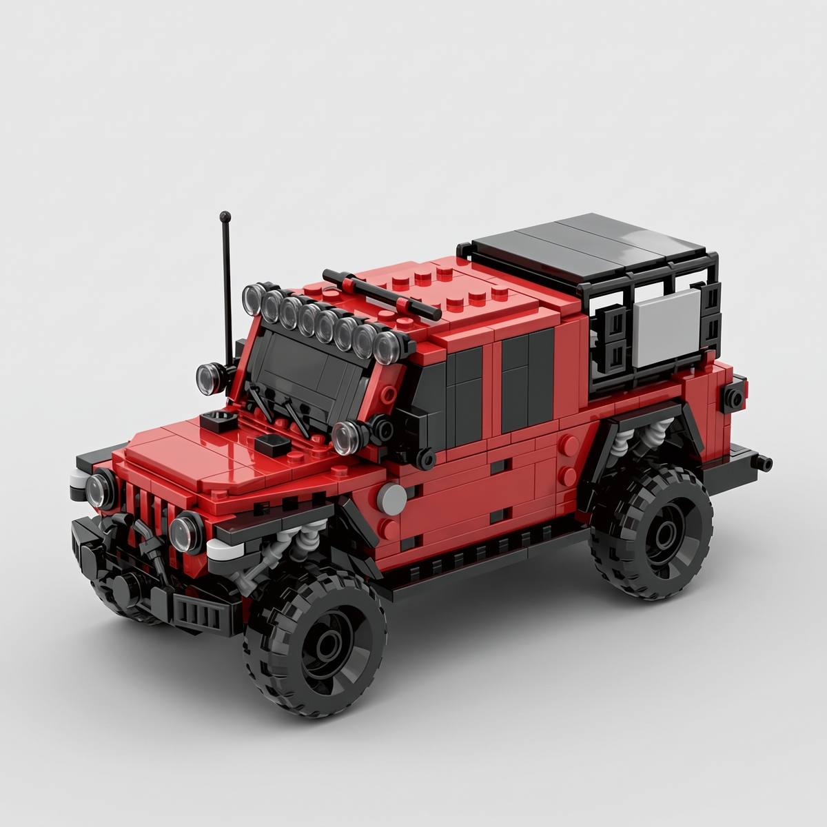 Pick-up tout-terrain rouge en briques de construction, vue de trois quarts avant
