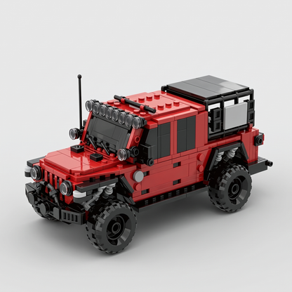 Pick-up tout-terrain rouge en briques de construction, vue de trois quarts avant