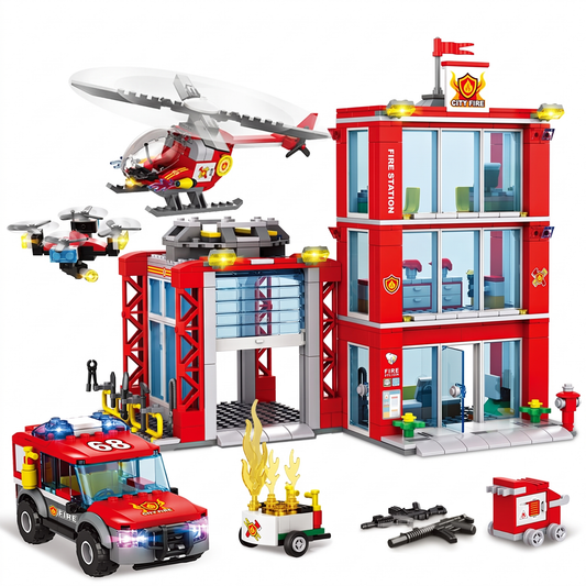 Caserne de pompiers en briques de construction avec hélicoptère, drone, camion et bâtiment de la caserne