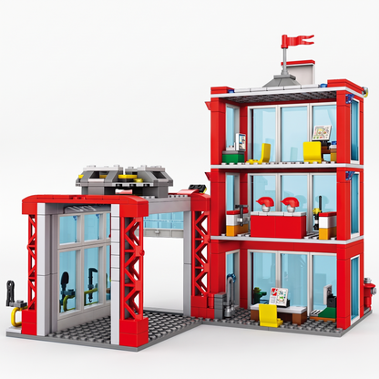 Caserne de pompiers en briques de construction, vue arrière montrant l'intérieur meublé