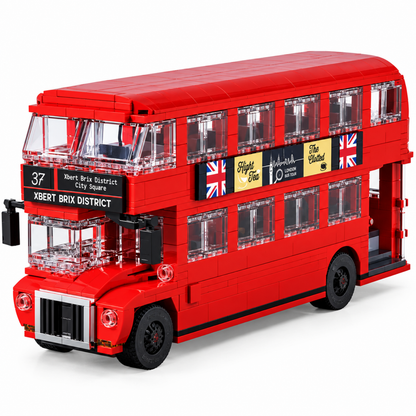 Bus à impériale londonien rouge en briques de construction, vue de côté
