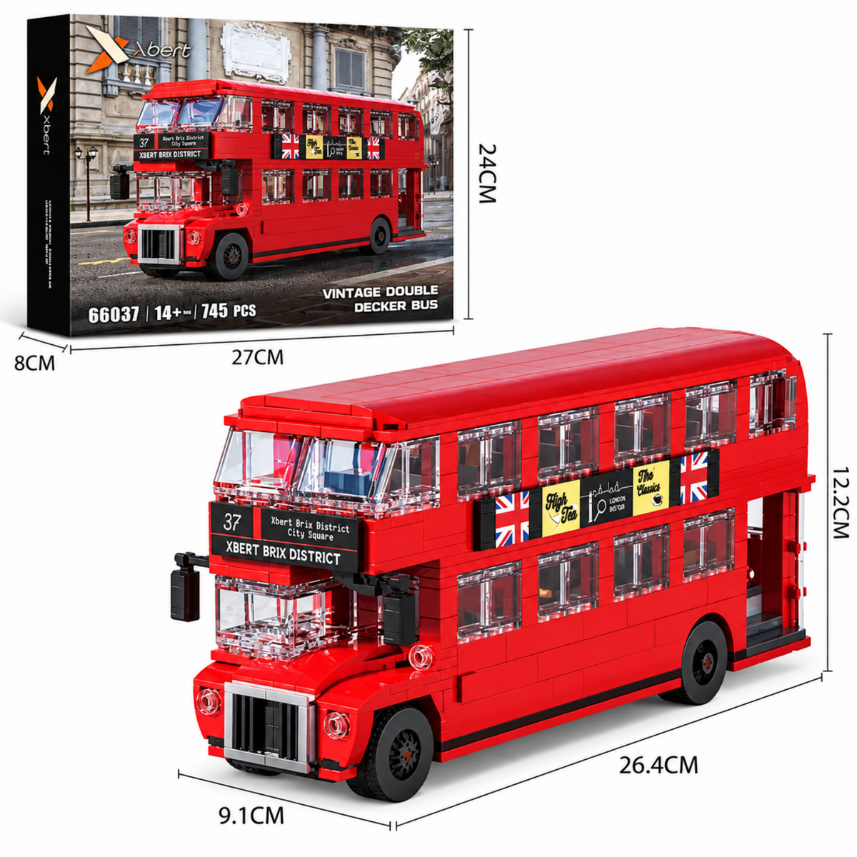 Bus à impériale londonien rouge en briques de construction, contenu de la boîte