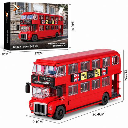 Bus à impériale londonien rouge en briques de construction, contenu de la boîte