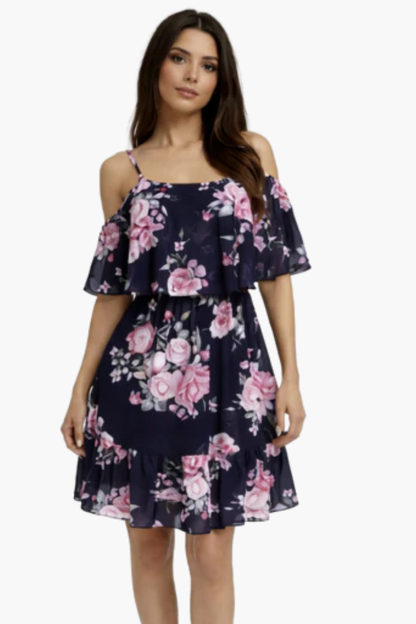 Robe Courte Fleurie Femme – Épaules Dénudées & Volants, Style Estival Élégant