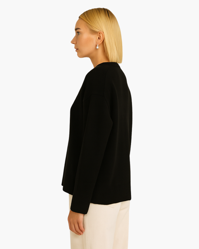 Pull Oversize Femme Col Rond Maille Unie noir - vue de côté - Melvoire