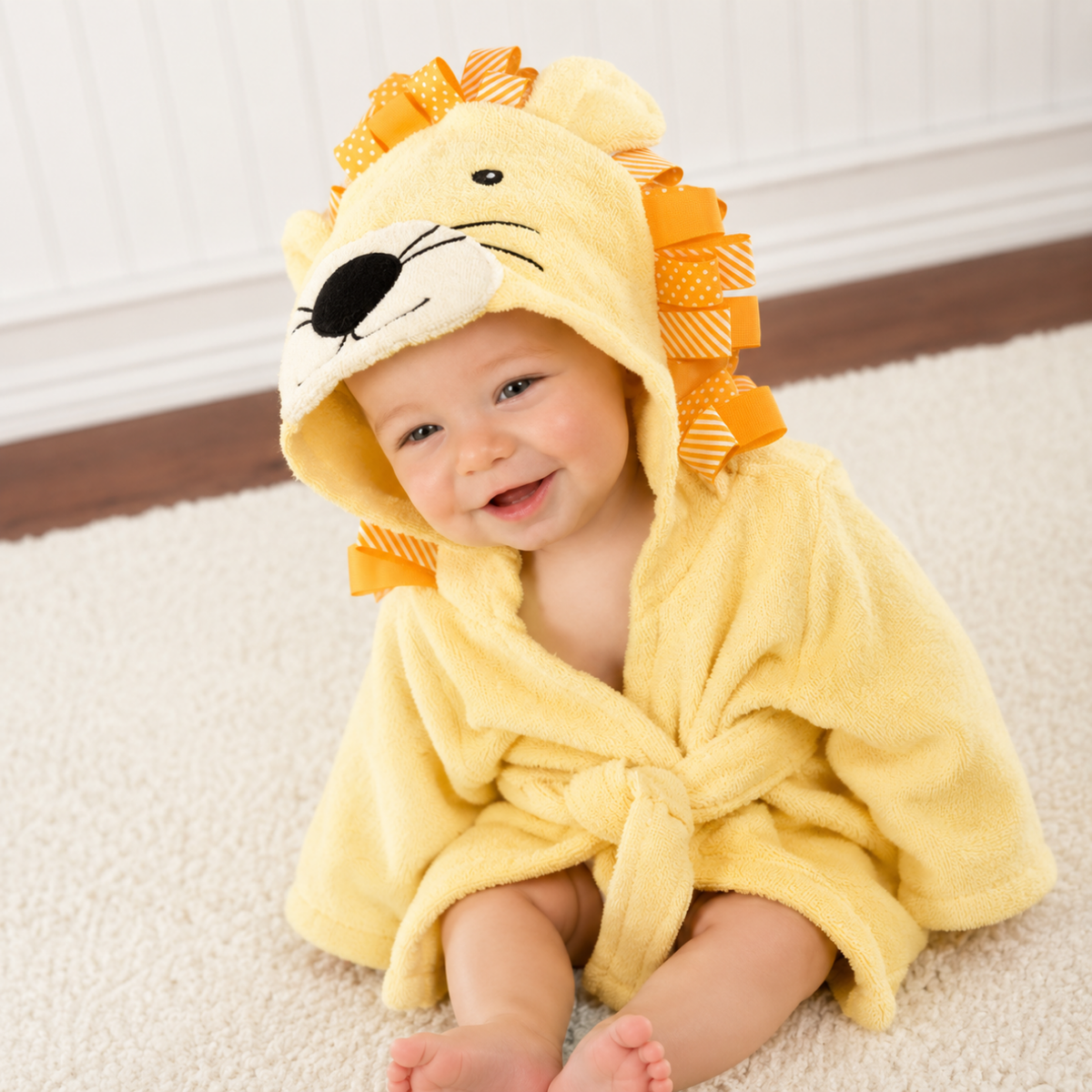 Bébé souriant sur un tapis, portant le poncho de bain motif lion jaune