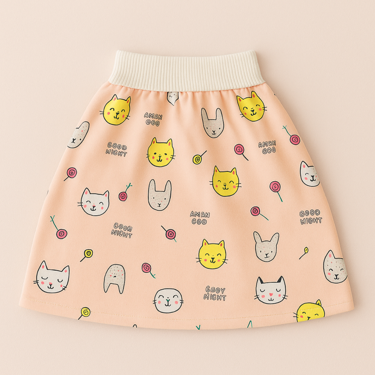 Jupe enfant pliée à plat, motif chat et lapin roses