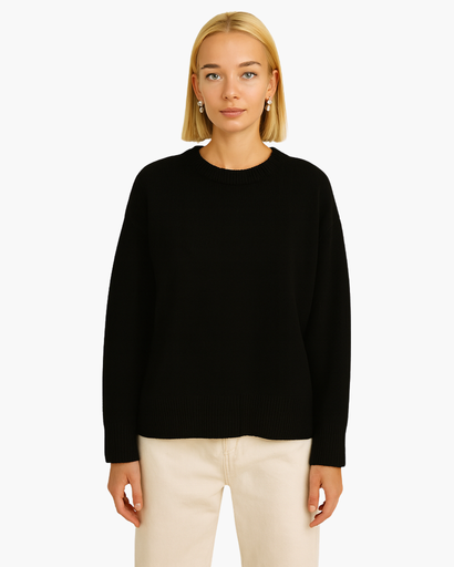 Pull Oversize Femme Col Rond Maille Unie noir - vue de face - Melvoire