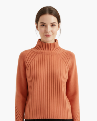 Pull femme col roulé tricot structuré fraise, vue de face
