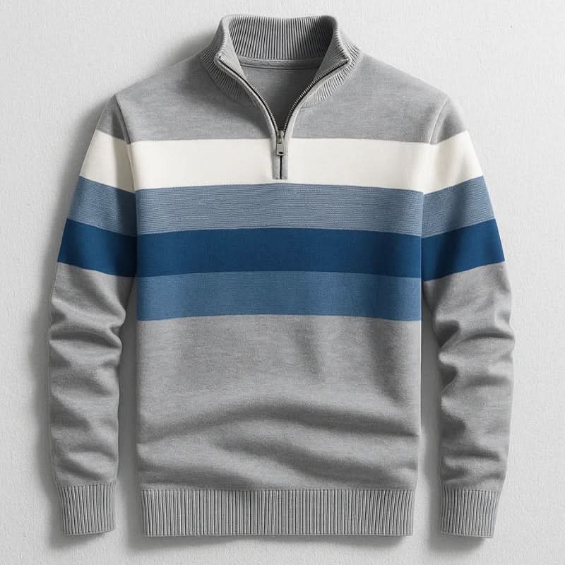 Pull rayé gris, vue de face