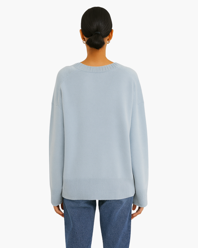 Pull Oversize Femme Col Rond Maille Unie bleu clair - vue de dos - Melvoire