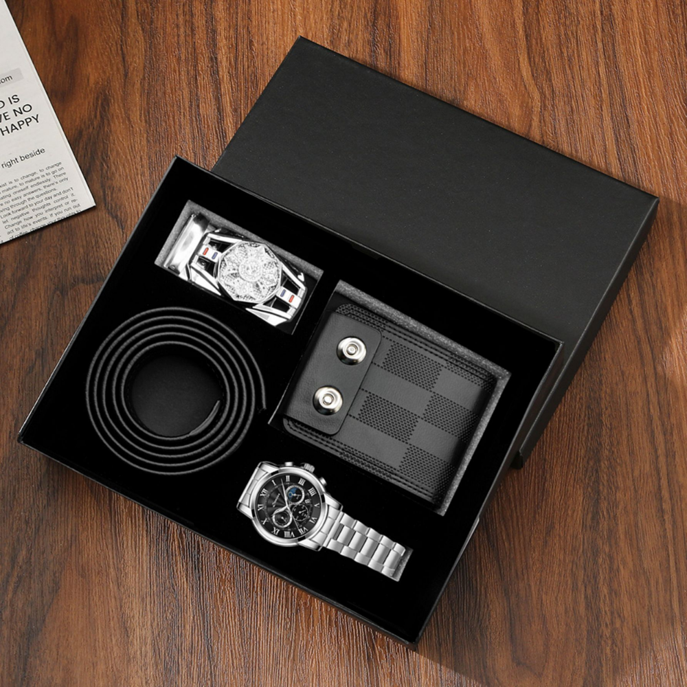 Coffret homme noir – portefeuille, montre, ceinture et boucle