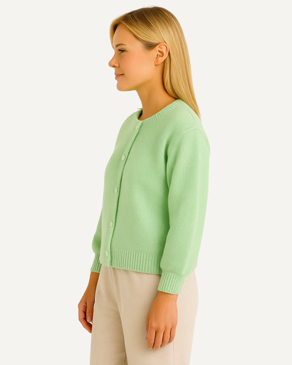 Gilet femme vert à manches bouffantes, vue de profil
