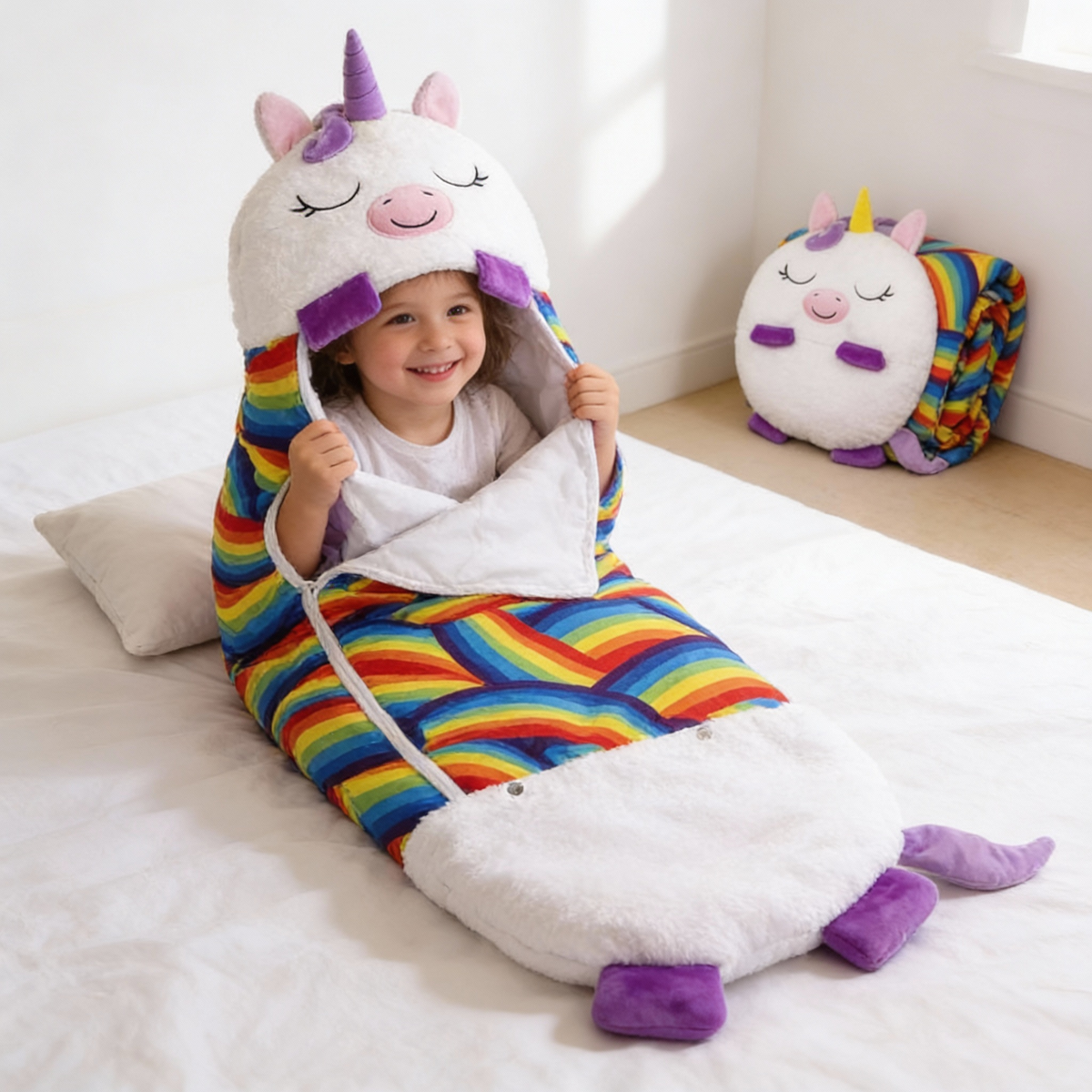 Enfant installé dans son sac de couchage animal