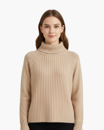 Pull femme col roulé tricot structuré beige, vue de face