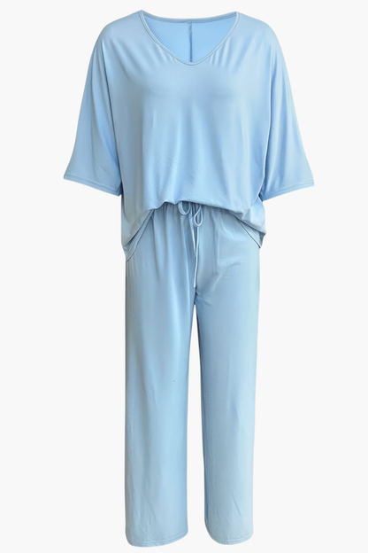Ensemble Femme 2 Pièces – Haut Col V et Pantalon Large Fluide