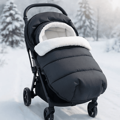 Chancelière thermique pour poussette en noir, installée sur une poussette