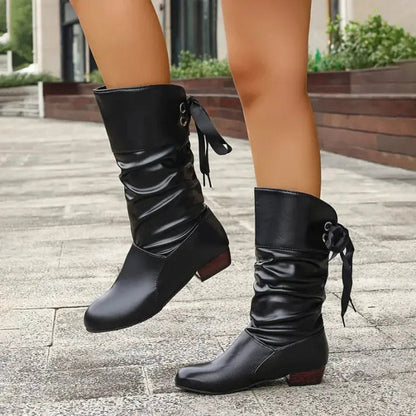 Bottines mi-mollet froncées femme, coloris rouge, vue de profil