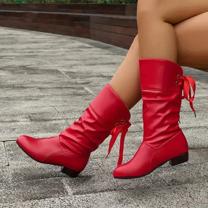 Bottines mi-mollet froncées femme, coloris rouge, détail lacet arrière