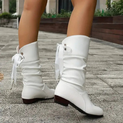 Bottines mi-mollet froncées femme, coloris blanc, vue de face