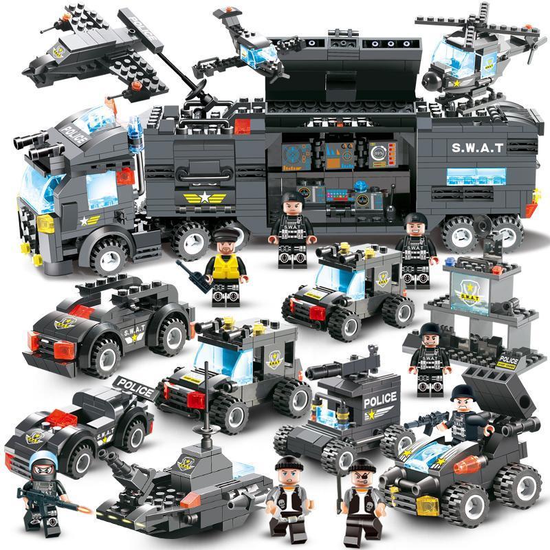 Camion de police SWAT entièrement assemblé, avec figurines et véhicules complémentaires