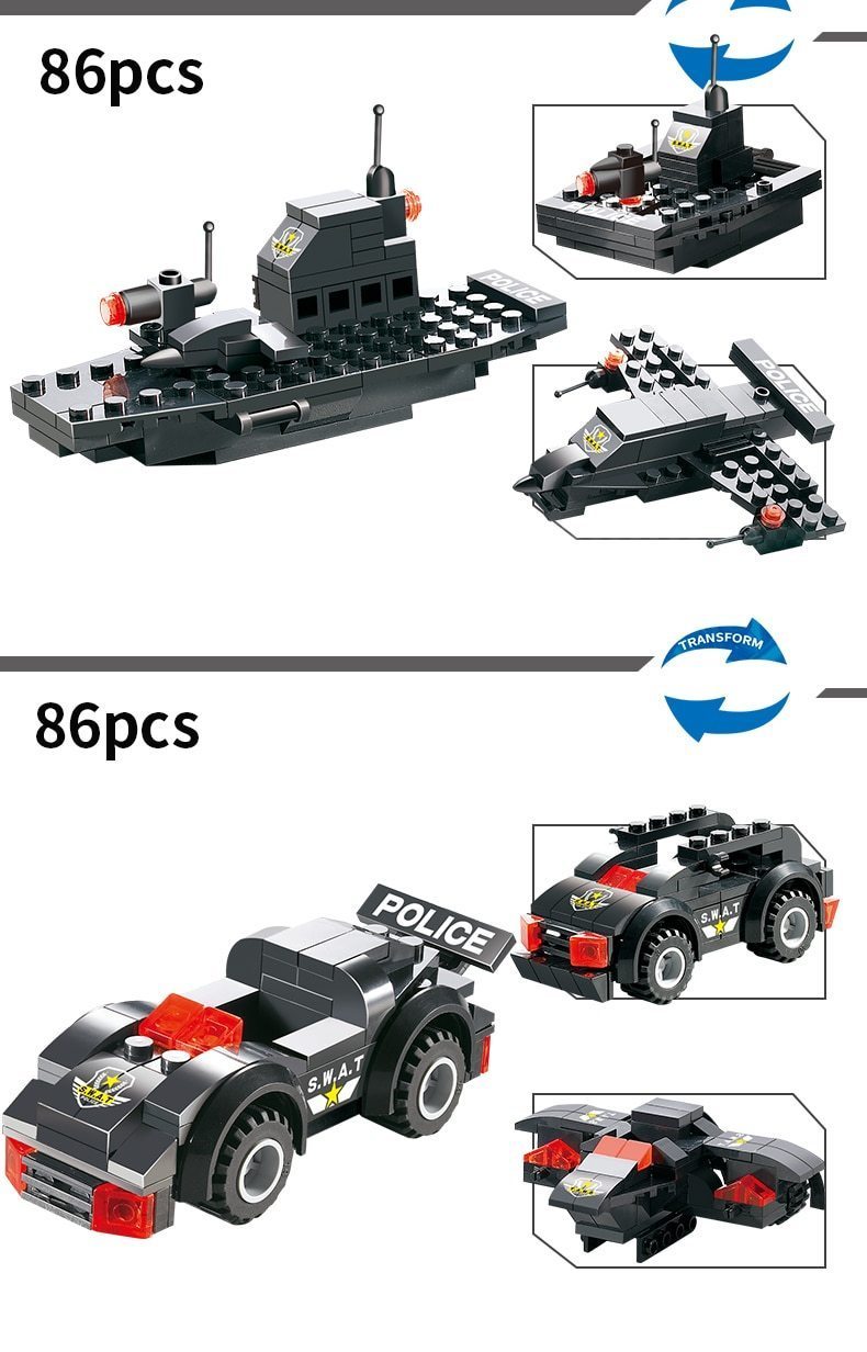 Sous-constructions bateau et voiture de patrouille avec nombre de pièces et flèches de reconstruction