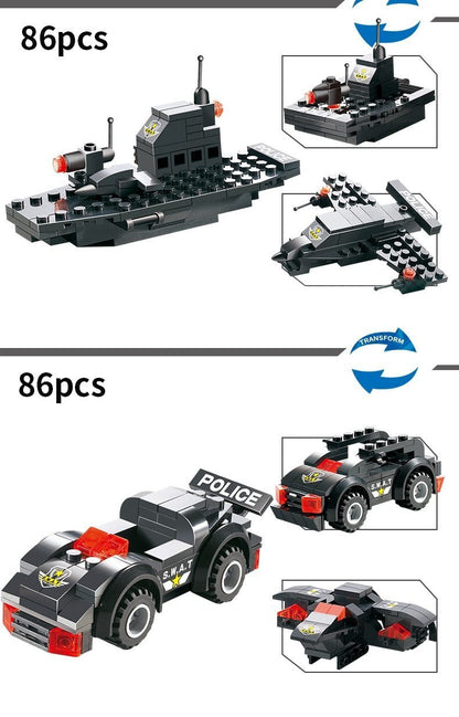 Sous-constructions bateau et voiture de patrouille avec nombre de pièces et flèches de reconstruction