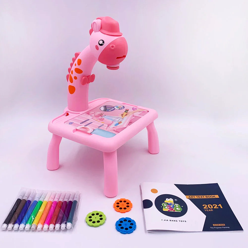 Table à dessin projecteur dinosaure rose avec feutres et diapositives