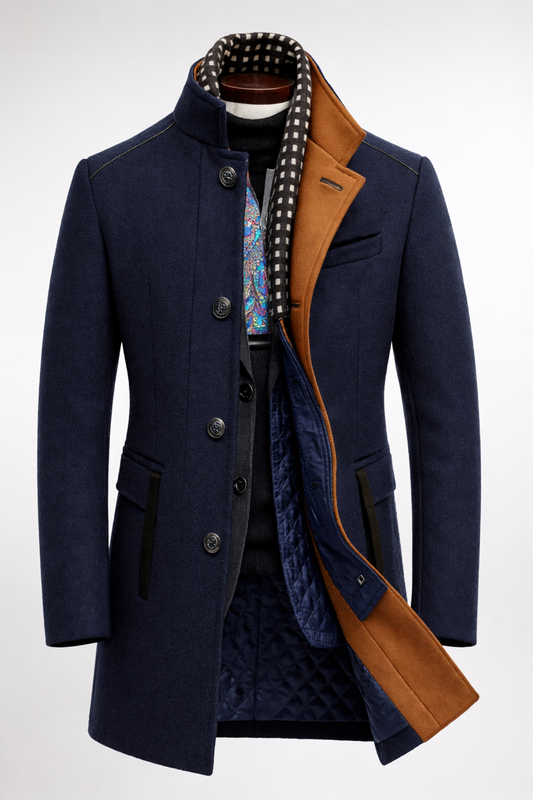 Manteau homme en polyester bleu marine - col montant, vue de face - Melvoire