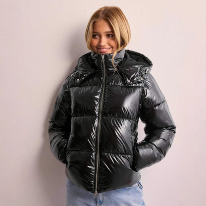 Doudoune Matelassée Brillante avec Capuche Amovible pour Femme