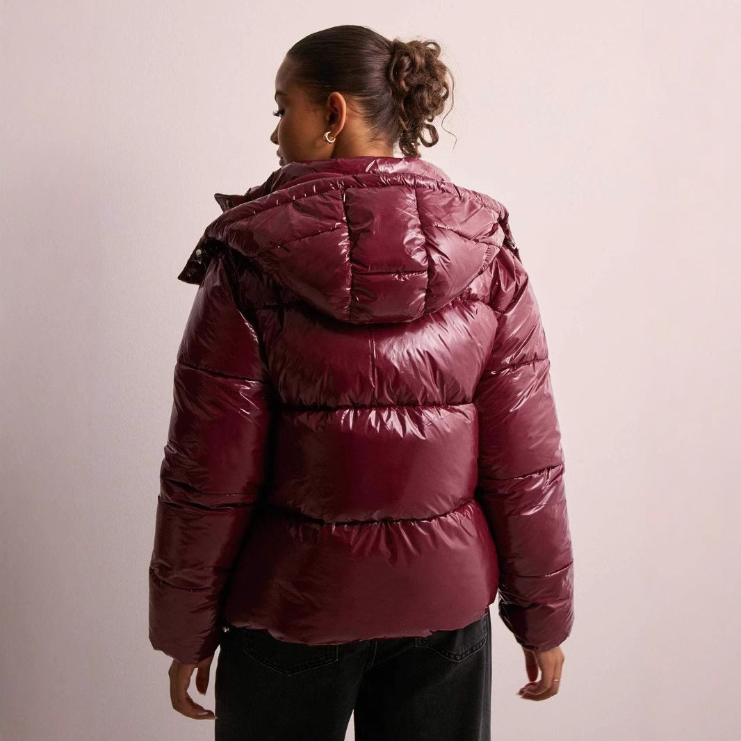Doudoune Matelassée Brillante avec Capuche Amovible pour Femme