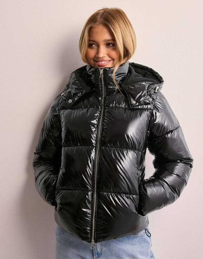 Doudoune Matelassée Brillante avec Capuche Amovible pour Femme
