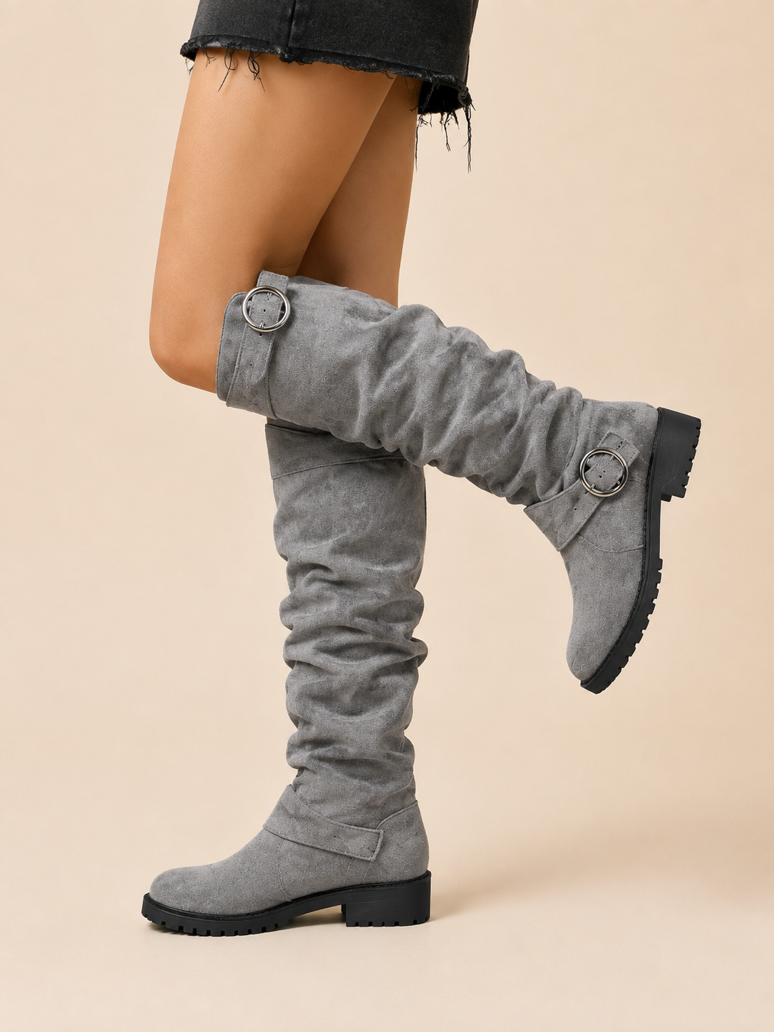 Bottes genou hautes en simili-suede avec détail boucle