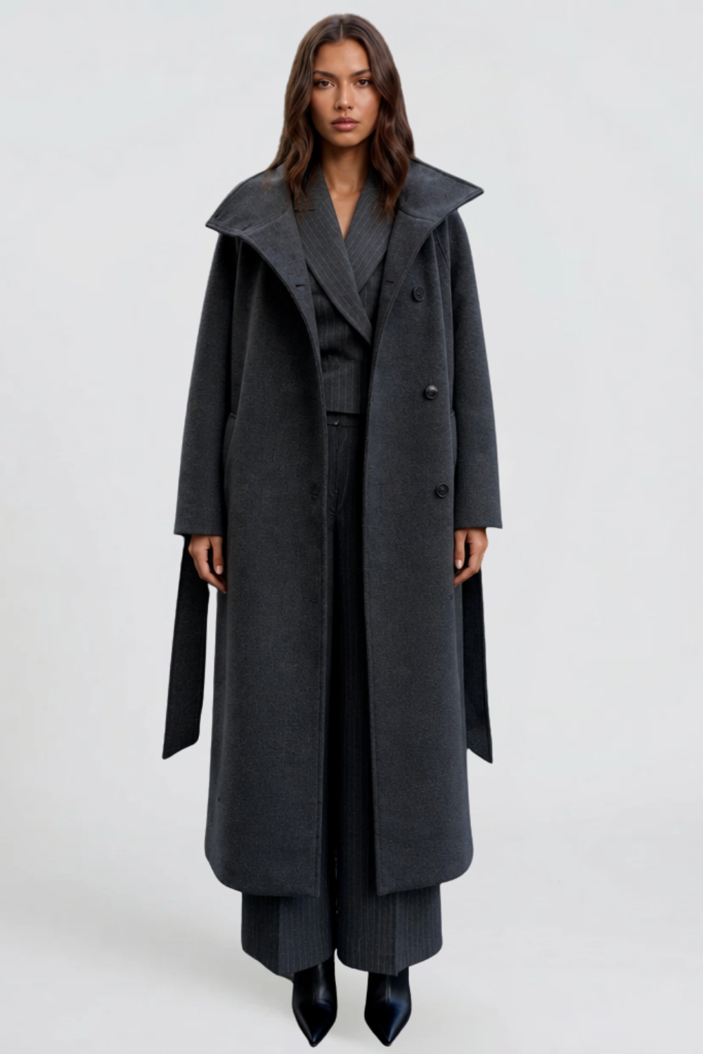 Manteau en laine à ceinture avec silhouette droite