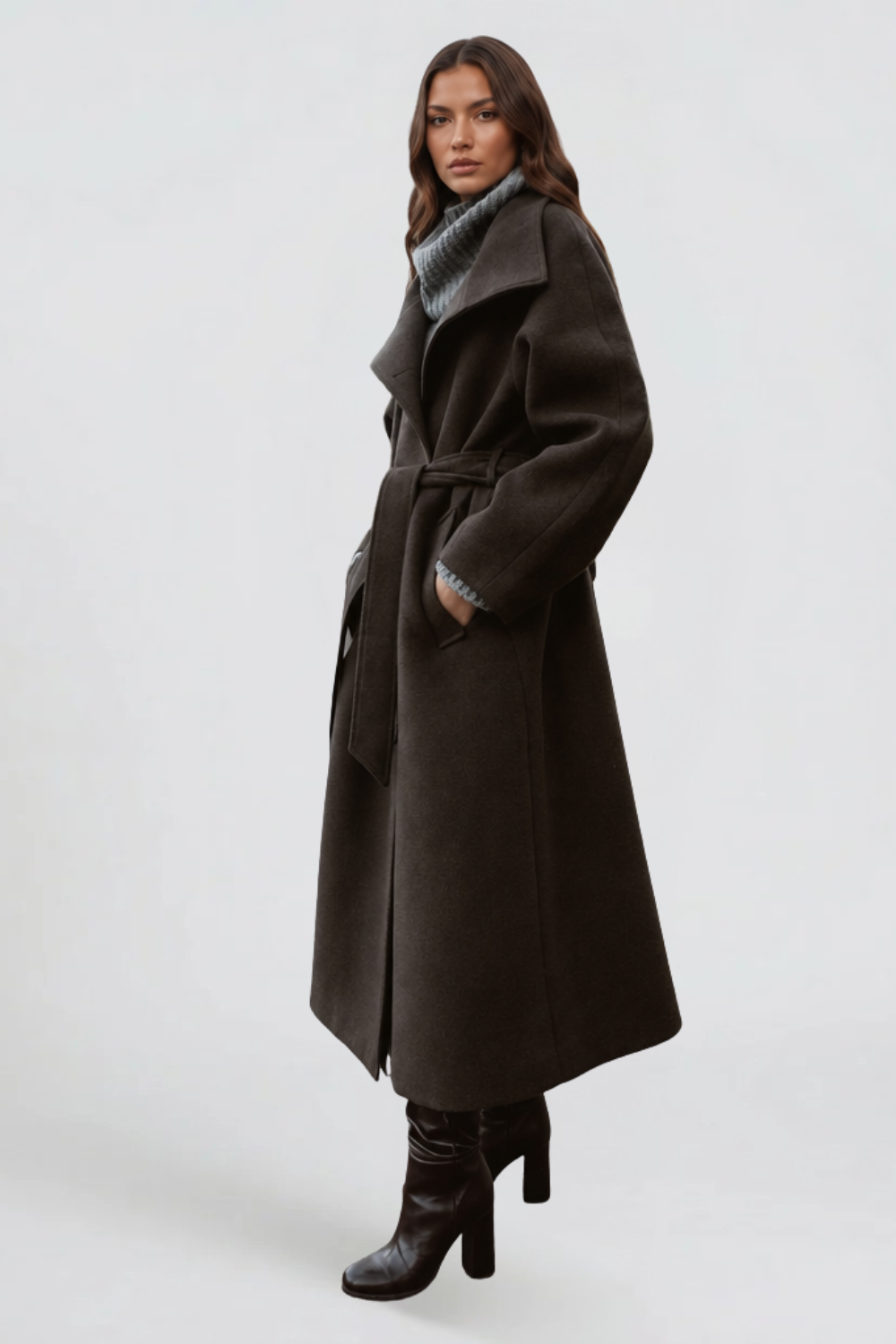 Manteau en laine à ceinture avec silhouette droite