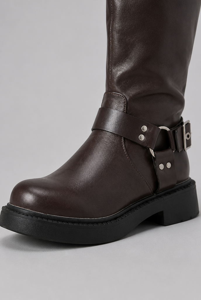 Bottes biker genou hautes à boucle