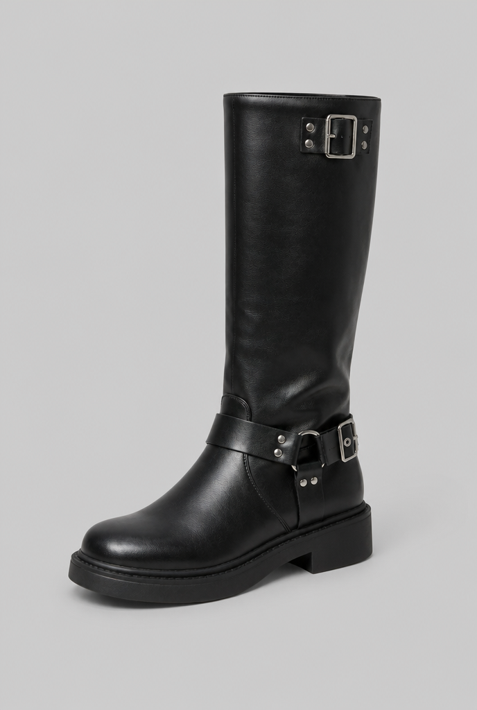 Bottes biker genou hautes à boucle